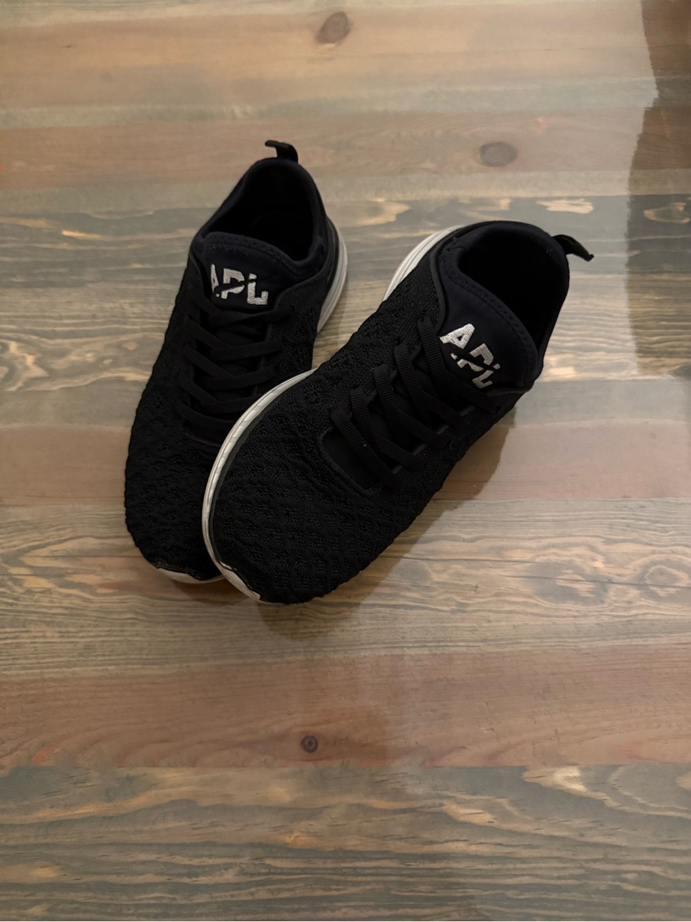 APL techloom phantom Lululemon Black Knit Lace-Up Sneakers White Trim pull tab